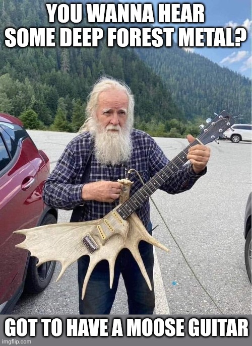 GRAMPA GONNA BRING THE WITCH METAL | YOU WANNA HEAR SOME DEEP FOREST METAL? GOT TO HAVE A MOOSE GUITAR | image tagged in metal,heavy metal,guitar | made w/ Imgflip meme maker