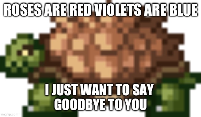 Giant tortoise | ROSES ARE RED VIOLETS ARE BLUE I JUST WANT TO SAY 
GOODBYE TO YOU | image tagged in giant tortoise | made w/ Imgflip meme maker