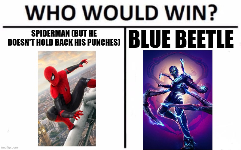 just a random thought | BLUE BEETLE; SPIDERMAN (BUT HE DOESN'T HOLD BACK HIS PUNCHES) | image tagged in memes,who would win,spiderman,blue beetle | made w/ Imgflip meme maker
