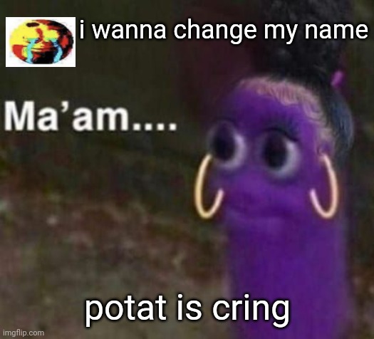 crying my balls out i | i wanna change my name; potat is cring | image tagged in maam | made w/ Imgflip meme maker