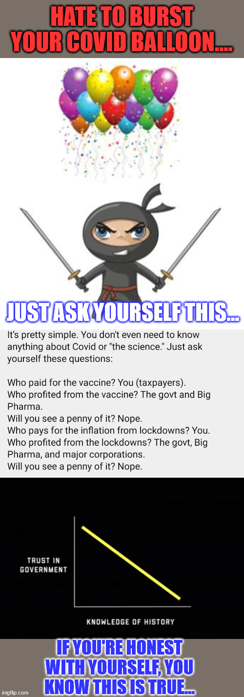 Covid truth... | HATE TO BURST YOUR COVID BALLOON.... JUST ASK YOURSELF THIS... IF YOU'RE HONEST WITH YOURSELF, YOU KNOW THIS IS TRUE... | image tagged in covid,truth,greedy,big pharma,government corruption | made w/ Imgflip meme maker