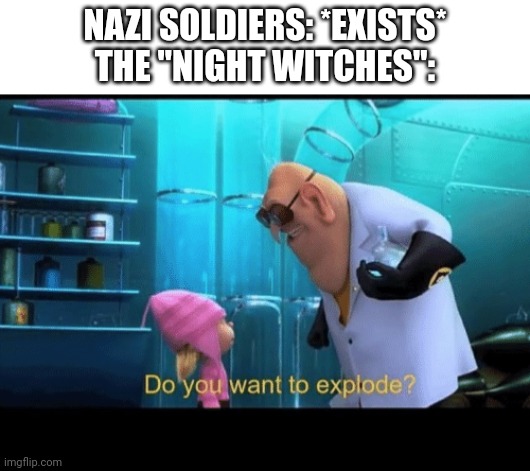 Do you want to explode | NAZI SOLDIERS: *EXISTS*
THE "NIGHT WITCHES": | image tagged in do you want to explode | made w/ Imgflip meme maker