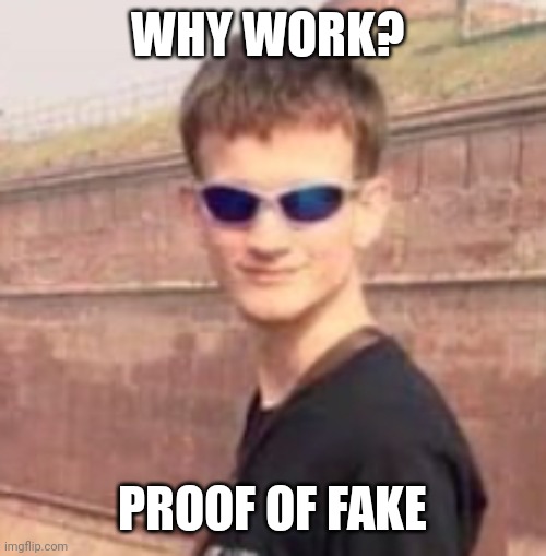 vitalik buterin | WHY WORK? PROOF OF FAKE | image tagged in vitalik buterin | made w/ Imgflip meme maker