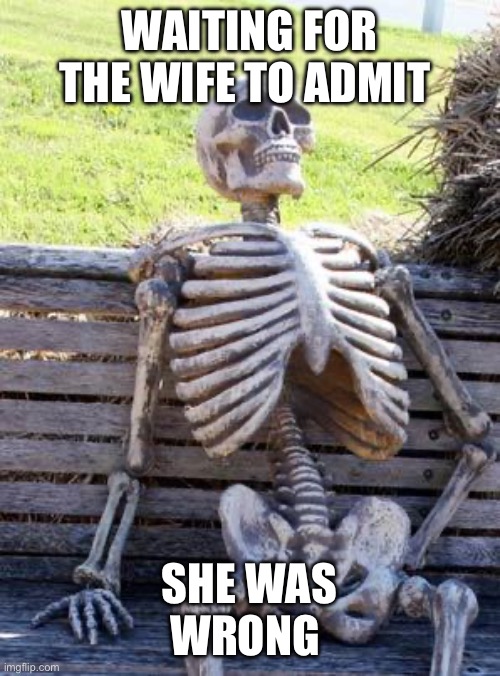 Waiting Skeleton | WAITING FOR THE WIFE TO ADMIT; SHE WAS
WRONG | image tagged in memes,waiting skeleton | made w/ Imgflip meme maker