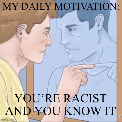 Pointing mirror guy | MY DAILY MOTIVATION:; YOU’RE RACIST AND YOU KNOW IT | image tagged in pointing mirror guy | made w/ Imgflip meme maker