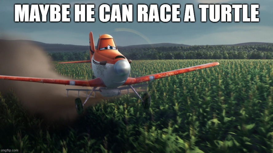 Sad Dusty Crophopper crop dusting | MAYBE HE CAN RACE A TURTLE | image tagged in sad dusty crophopper crop dusting | made w/ Imgflip meme maker