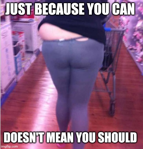 fat girl yoga pants | JUST BECAUSE YOU CAN; DOESN'T MEAN YOU SHOULD | image tagged in fat girl yoga pants | made w/ Imgflip meme maker