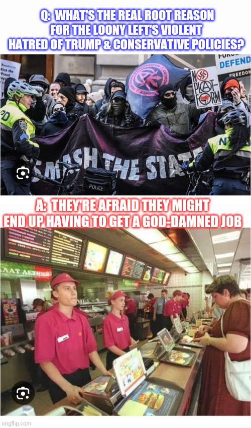 Lazyass Leftist Freeloaders | Q:  WHAT'S THE REAL ROOT REASON FOR THE LOONY LEFT'S VIOLENT HATRED OF TRUMP & CONSERVATIVE POLICIES? A:  THEY'RE AFRAID THEY MIGHT END UP HAVING TO GET A GOD-DAMNED JOB | image tagged in libtards,finished,get a job,get a life,vote,republican | made w/ Imgflip meme maker