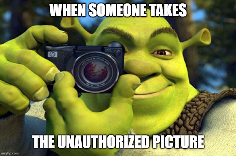 shrek camera | WHEN SOMEONE TAKES THE UNAUTHORIZED PICTURE | image tagged in shrek camera | made w/ Imgflip meme maker