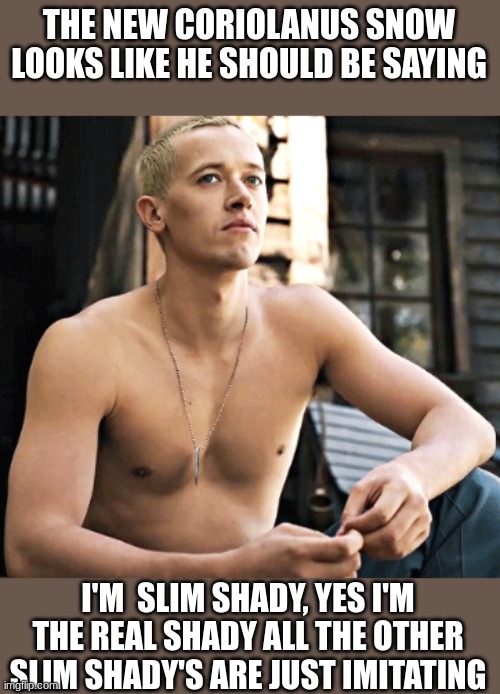 they are the same person | THE NEW CORIOLANUS SNOW LOOKS LIKE HE SHOULD BE SAYING; I'M  SLIM SHADY, YES I'M THE REAL SHADY ALL THE OTHER SLIM SHADY'S ARE JUST IMITATING | image tagged in snow,hunger games | made w/ Imgflip meme maker