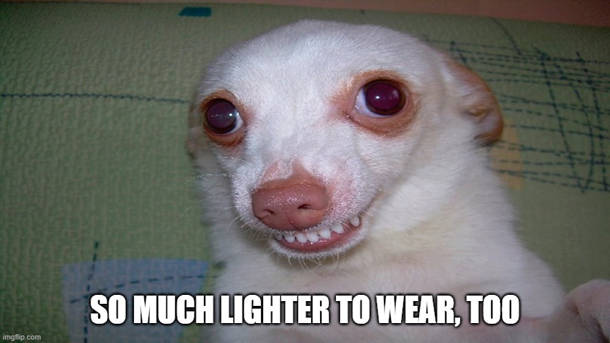 embarrassed grin | SO MUCH LIGHTER TO WEAR, TOO | image tagged in embarrassed grin | made w/ Imgflip meme maker