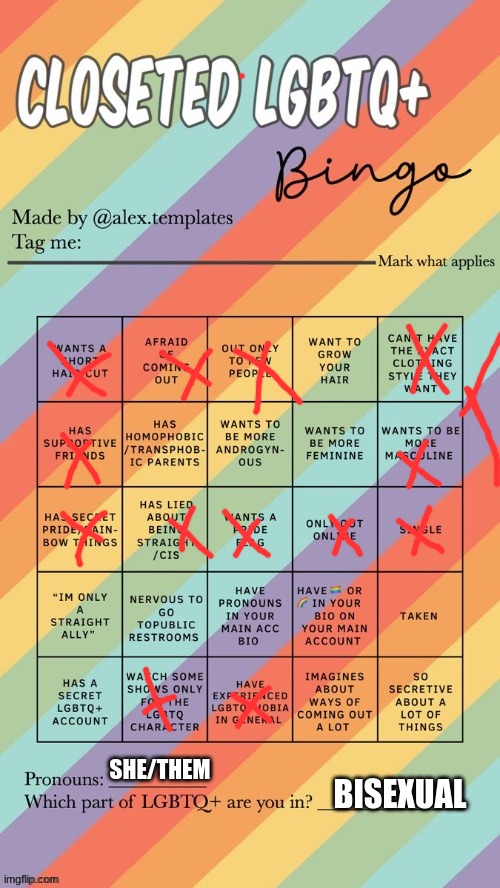 Closeted LGBTQ+ Bingo | SHE/THEM; BISEXUAL | image tagged in closeted lgbtq bingo | made w/ Imgflip meme maker