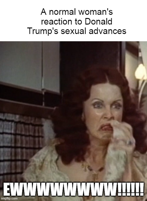 Trump EWWWWWWWW!!!!!! | A normal woman's reaction to Donald Trump's sexual advances; EWWWWWWWW!!!!!! | image tagged in donald trump,i hate donald trump,trump stinks,that smell | made w/ Imgflip meme maker