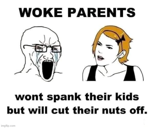 'Woke' parents won't spank their kids, but they will cut their nuts off. | image tagged in woke parents,woke,wake up,nuttin honey,nutter butter,tired of hearing about transgenders | made w/ Imgflip meme maker