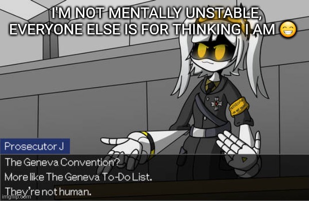 The Geneva Convention? | I'M NOT MENTALLY UNSTABLE, EVERYONE ELSE IS FOR THINKING I AM 😁 | image tagged in the geneva convention | made w/ Imgflip meme maker