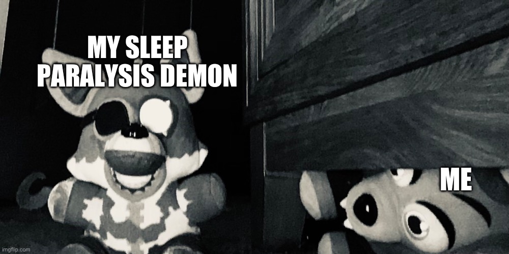 Uh oh | MY SLEEP PARALYSIS DEMON; ME | image tagged in foxy plush hiding | made w/ Imgflip meme maker