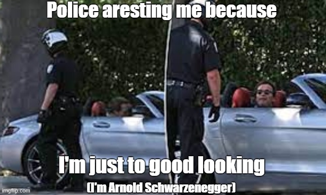 Arnold | Police aresting me because; (I'm Arnold Schwarzenegger); I'm just to good looking | image tagged in arnold schwarzenegger | made w/ Imgflip meme maker
