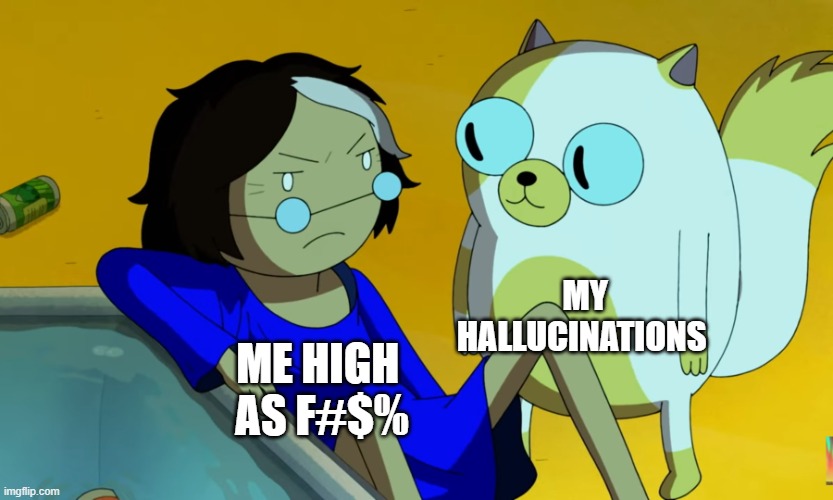 Whoa... | MY HALLUCINATIONS; ME HIGH 
AS F#$% | image tagged in me and the cat,smoke weed everyday,adventure time,cartoon network,cartoon,memes | made w/ Imgflip meme maker