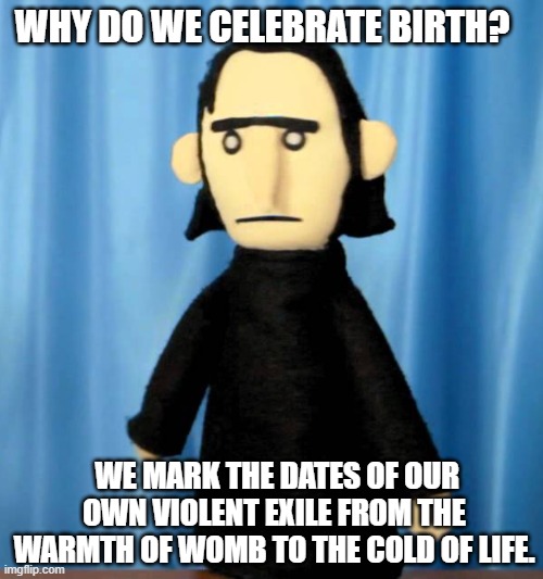 WHY DO WE CELEBRATE BIRTH? WE MARK THE DATES OF OUR OWN VIOLENT EXILE FROM THE WARMTH OF WOMB TO THE COLD OF LIFE. | made w/ Imgflip meme maker