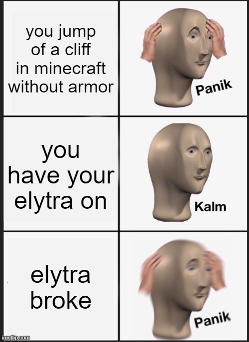 elytra broken | you jump of a cliff in minecraft without armor; you have your elytra on; elytra broke | image tagged in memes,panik kalm panik | made w/ Imgflip meme maker