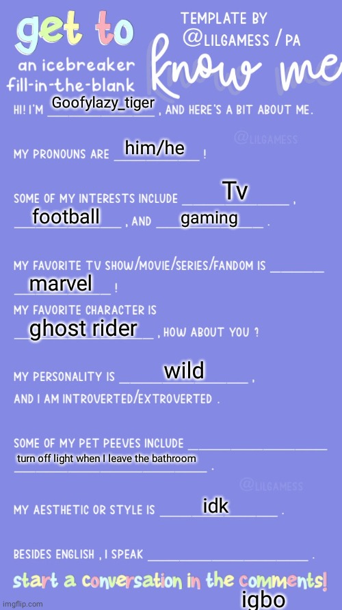 Get to know fill in the blank | Goofylazy_tiger; him/he; Tv; football; gaming; marvel; ghost rider; wild; turn off light when I leave the bathroom; idk; igbo | image tagged in get to know fill in the blank | made w/ Imgflip meme maker