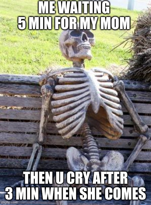 Waiting Skeleton | ME WAITING 5 MIN FOR MY MOM; THEN U CRY AFTER 3 MIN WHEN SHE COMES | image tagged in memes,waiting skeleton | made w/ Imgflip meme maker