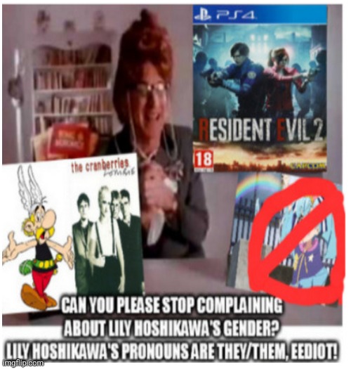 Looks like Denita Stokes gets annoyed with the ongoing debates about Lily Hoshikawa's gender | image tagged in asterix,resident evil,zombies,pronouns | made w/ Imgflip meme maker