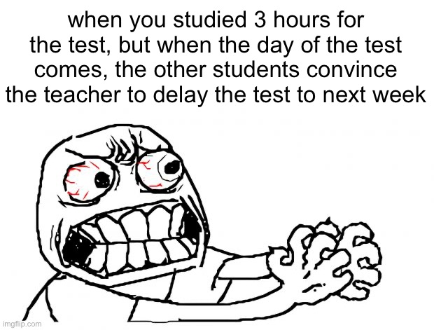 i absolutely freaking HATE people who do that | when you studied 3 hours for the test, but when the day of the test comes, the other students convince the teacher to delay the test to next week | image tagged in anger,school,students,test,rage | made w/ Imgflip meme maker