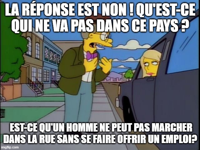 LA RÉPONSE EST NON ! QU'EST-CE QUI NE VA PAS DANS CE PAYS ? EST-CE QU'UN HOMME NE PEUT PAS MARCHER DANS LA RUE SANS SE FAIRE OFFRIR UN EMPLOI? | made w/ Imgflip meme maker