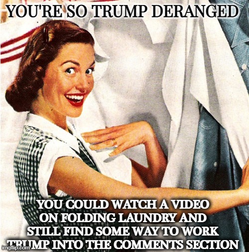 TDS is Teminal | YOU'RE SO TRUMP DERANGED; YOU COULD WATCH A VIDEO ON FOLDING LAUNDRY AND STILL FIND SOME WAY TO WORK TRUMP INTO THE COMMENTS SECTION | image tagged in vintage laundry woman,trump derangement syndrome | made w/ Imgflip meme maker