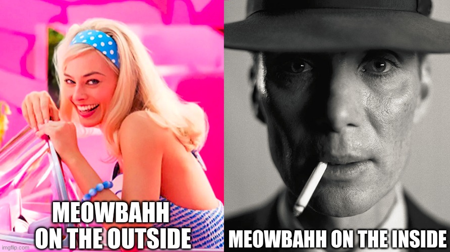 Barbie vs Oppenheimer | MEOWBAHH  ON THE OUTSIDE; MEOWBAHH ON THE INSIDE | image tagged in barbie vs oppenheimer | made w/ Imgflip meme maker