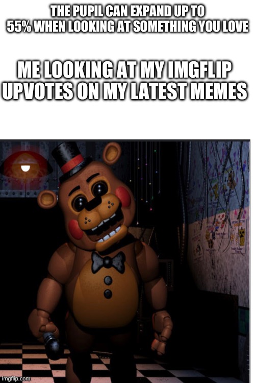 True | THE PUPIL CAN EXPAND UP TO 55% WHEN LOOKING AT SOMETHING YOU LOVE; ME LOOKING AT MY IMGFLIP UPVOTES ON MY LATEST MEMES | image tagged in fnaf 2 | made w/ Imgflip meme maker
