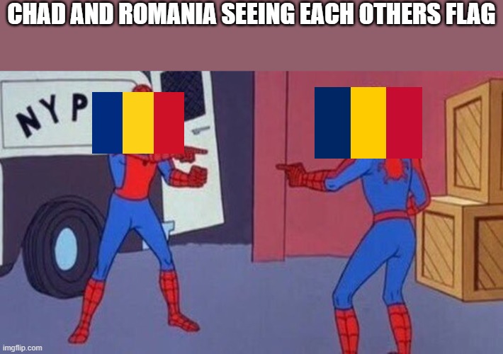 When Chad and Romania sees each other | CHAD AND ROMANIA SEEING EACH OTHERS FLAG | image tagged in spiderman pointing at spiderman,romania,chad,flag | made w/ Imgflip meme maker