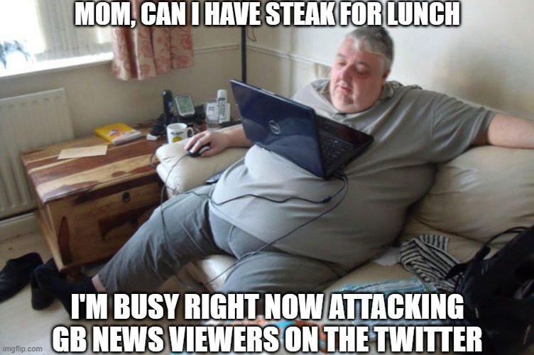Twitter troll | MOM, CAN I HAVE STEAK FOR LUNCH; I'M BUSY RIGHT NOW ATTACKING GB NEWS VIEWERS ON THE TWITTER | image tagged in gb news,twitter,x,troll | made w/ Imgflip meme maker