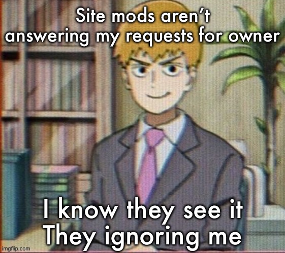 Reigen arataka | Site mods aren’t answering my requests for owner; I know they see it
They ignoring me | image tagged in reigen arataka | made w/ Imgflip meme maker