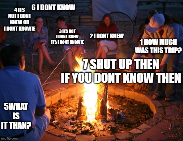 i dont nkow | 4 ITS NOT I DONT KNEW OR I DONT KNOWIE; 6 I DONT KNOW; 3 ITS NOT I DONT KNEW ITS I DONT KNOWIE; 2 I DONT KNEW; 1 HOW MUCH WAS THIS TRIP? 7 SHUT UP THEN IF YOU DONT KNOW THEN; 5WHAT IS IT THAN? | image tagged in campfire | made w/ Imgflip meme maker