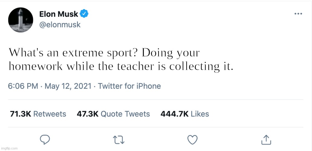 so true | What's an extreme sport? Doing your homework while the teacher is collecting it. | image tagged in elon musk blank tweet | made w/ Imgflip meme maker