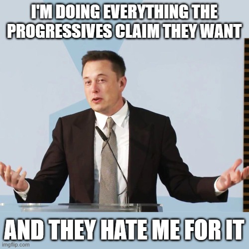 Elon Musk | I'M DOING EVERYTHING THE PROGRESSIVES CLAIM THEY WANT AND THEY HATE ME FOR IT | image tagged in elon musk | made w/ Imgflip meme maker