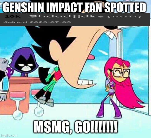 robin yelling at starfire | GENSHIN IMPACT FAN SPOTTED; MSMG, GO!!!!!!! | image tagged in robin yelling at starfire | made w/ Imgflip meme maker