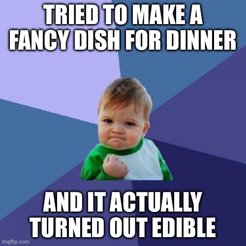 UWU | TRIED TO MAKE A FANCY DISH FOR DINNER; AND IT ACTUALLY TURNED OUT EDIBLE | image tagged in memes,success kid | made w/ Imgflip meme maker