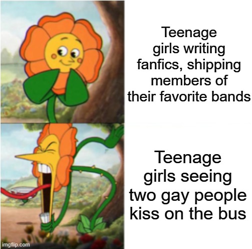 If you've shipped members of your favorite bands, you're crazy | Teenage girls writing fanfics, shipping members of their favorite bands; Teenage girls seeing two gay people kiss on the bus | image tagged in reverse cuphead flower,teenagers,girls,fanfiction | made w/ Imgflip meme maker