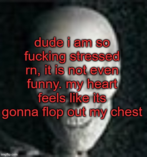 . | dude i am so fucking stressed rn, it is not even funny. my heart feels like its gonna flop out my chest | image tagged in skull | made w/ Imgflip meme maker