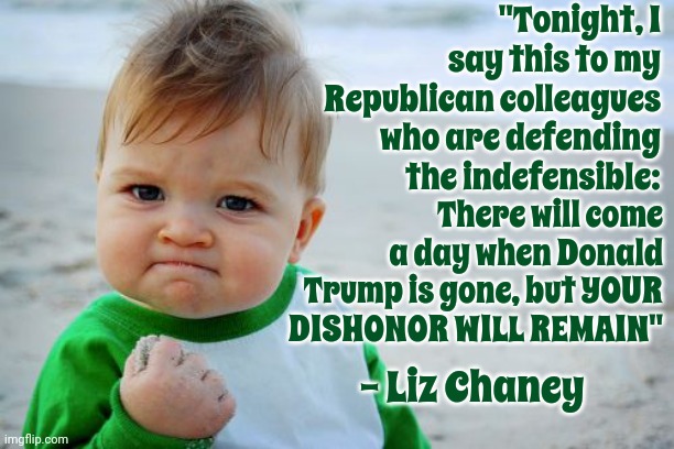 I'm Still Waiting For The Real Republicans To Take Their Party Back From Trump And His Maga Cultists | "Tonight, I say this to my Republican colleagues who are defending the indefensible:; There will come a day when Donald Trump is gone, but YOUR DISHONOR WILL REMAIN"; - Liz Chaney | image tagged in memes,success kid original,maga,it's a cult,lock him up,scumbag trump | made w/ Imgflip meme maker