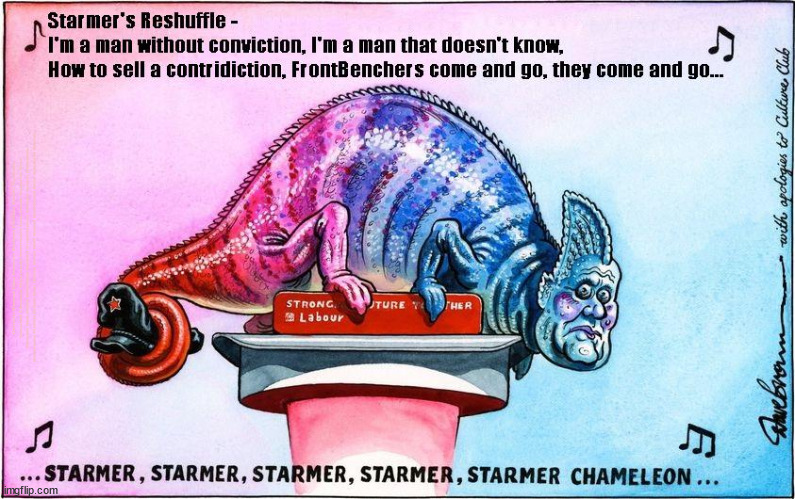 Re-shuffle - Is Chameleon Starmer totally devoid of political conviction? | #Immigration #Starmerout #Labour #wearecorbyn #KeirStarmer #DianeAbbott #McDonnell #cultofcorbyn #labourisdead #labourracism #socialistsunday #nevervotelabour #socialistanyday #Antisemitism #Savile #SavileGate #Paedo #Worboys #GroomingGangs #Paedophile #IllegalImmigration #Immigrants #Invasion #StarmerResign #Starmeriswrong #SirSoftie #SirSofty #Blair #Steroids #Economy #AR4PM #ShadowPM #ShadowDeputyPM #Rayner #AngelaRayner #Blairism | image tagged in labourisdead,illegal immigration,starmerout getstarmerout,stop boats rwanda echr,greenpeace just stop oil ulez,starmer chameleon | made w/ Imgflip meme maker