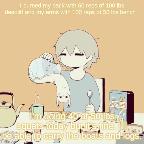 avogado6 | I burned my back with 60 reps of 100 lbs deadlift and my arms with 100 reps of 50 lbs bench. I'm doing 40 of 50 lbs squats today but it's fine. I'll be able to carry the boats and logs. | image tagged in avogado6 | made w/ Imgflip meme maker