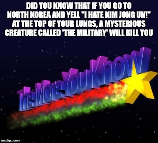 you should try it! | DID YOU KNOW THAT IF YOU GO TO NORTH KOREA AND YELL "I HATE KIM JONG UN!" AT THE TOP OF YOUR LUNGS, A MYSTERIOUS CREATURE CALLED 'THE MILITARY' WILL KILL YOU | image tagged in the more you know,kim jong un,north korea | made w/ Imgflip meme maker