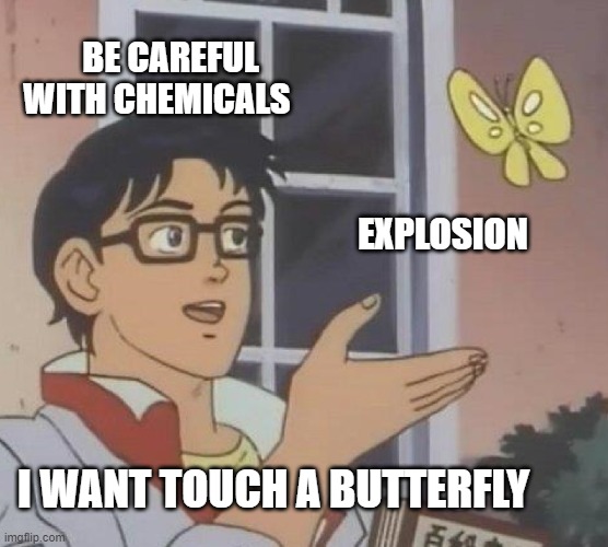 Is This A Pigeon | BE CAREFUL WITH CHEMICALS; EXPLOSION; I WANT TOUCH A BUTTERFLY | image tagged in memes,is this a pigeon | made w/ Imgflip meme maker