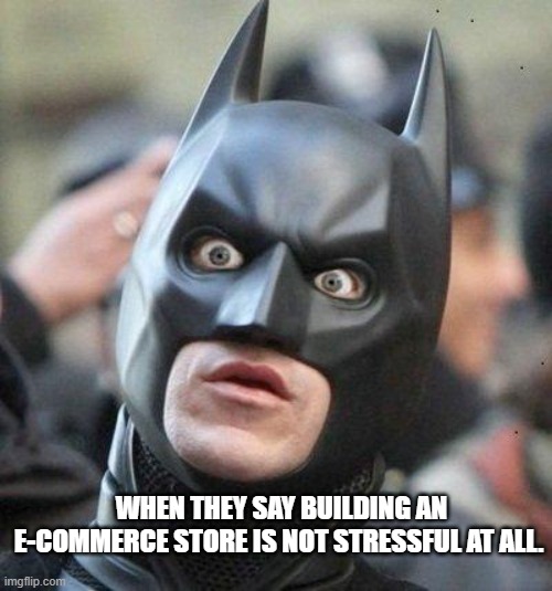 Shocked Batman | WHEN THEY SAY BUILDING AN E-COMMERCE STORE IS NOT STRESSFUL AT ALL. | image tagged in shocked batman | made w/ Imgflip meme maker