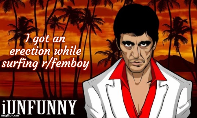 iUnFunny's Scarface template | I got an erection while surfing r/femboy | image tagged in iunfunny's scarface template | made w/ Imgflip meme maker