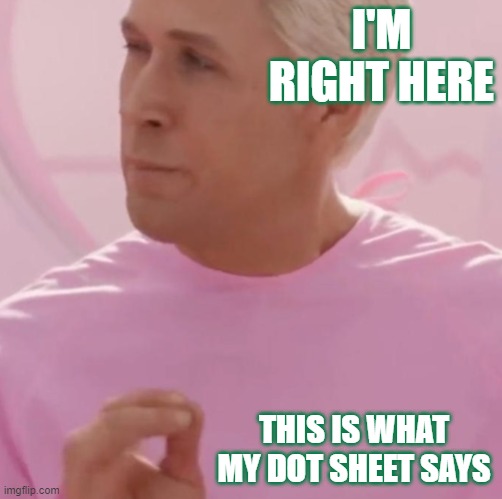 This is my dot | I'M RIGHT HERE; THIS IS WHAT MY DOT SHEET SAYS | image tagged in barbie ken beach | made w/ Imgflip meme maker